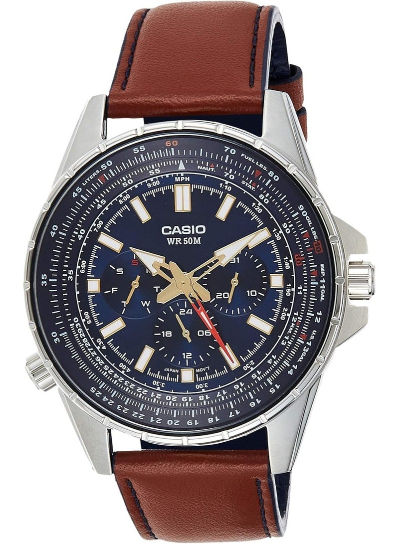 كاسيو Enticer Analog Men’s Watch MTP-SW320L-2AVDF, 47.5 mm Blue Dial , Stainless Steel Case & Genuine Brown Leather Band, 50 m WR - Image 1